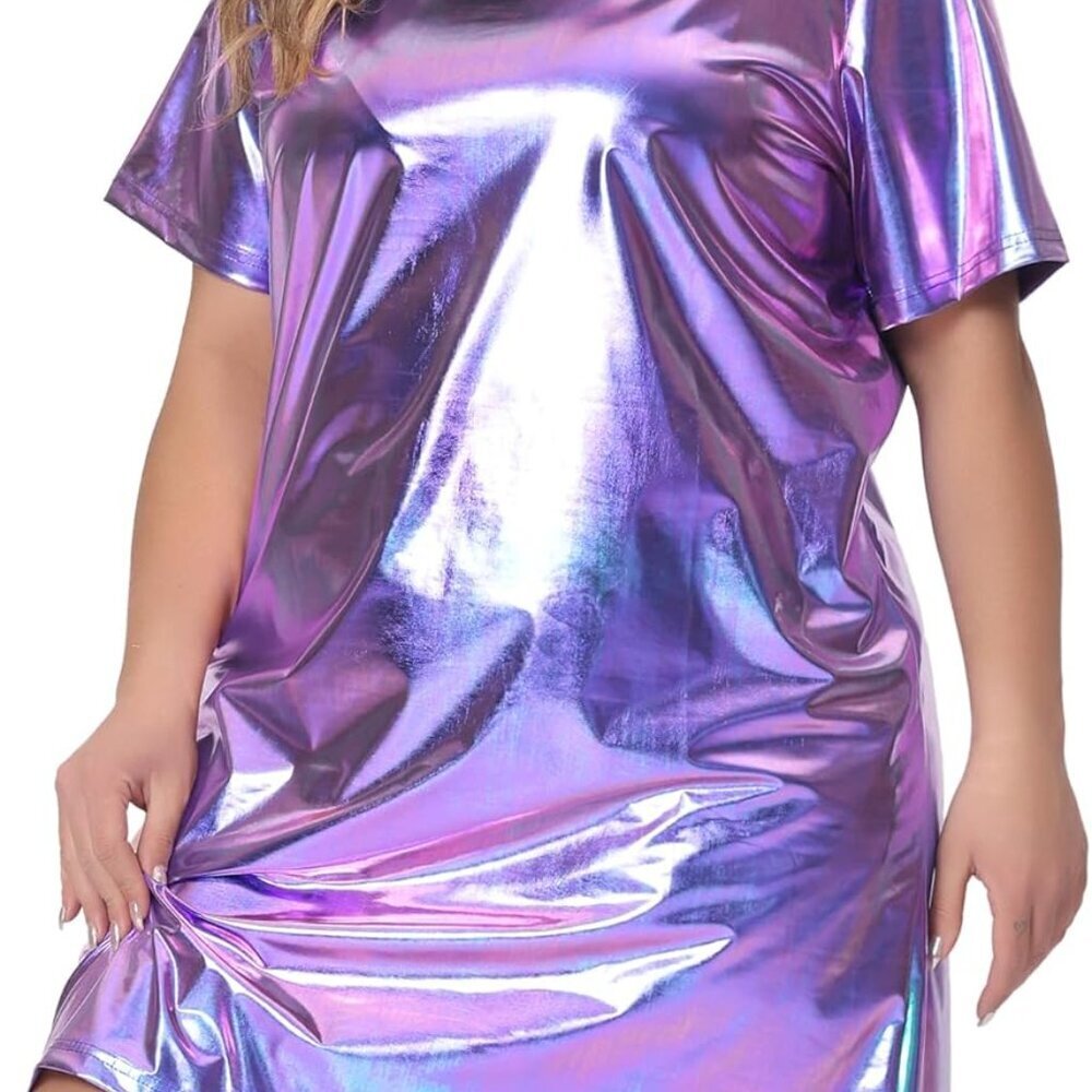 Plus Size Metallic T-Shirt Dress Women Short Sleeve Mini Party Clubwear - Picture 2 of 5